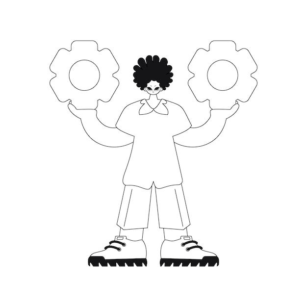 Agarra los engranajes en sus manos. Ilustración realizada en formato vectorial.