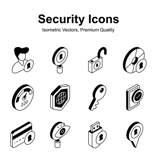 Agarre este conjunto de iconos de seguridad isométricos cuidadosamente elaborados listo para uso premium