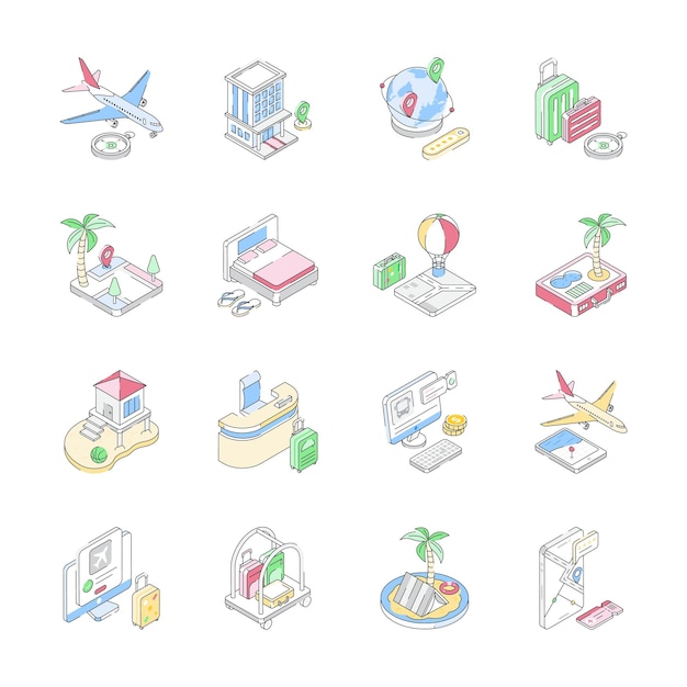 Agarre un conjunto moderno de iconos isométricos que muestran conceptos de vacaciones y viajes