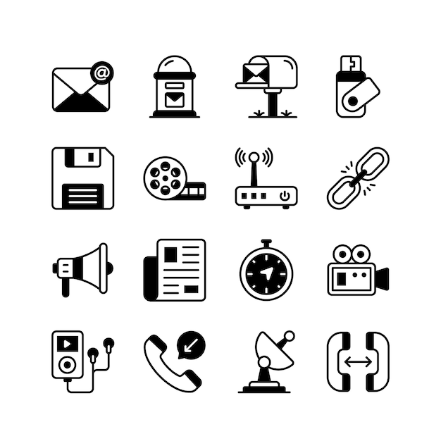 Agarre este increíble conjunto de iconos de tecnología de comunicaciones y medios listo para su uso premium
