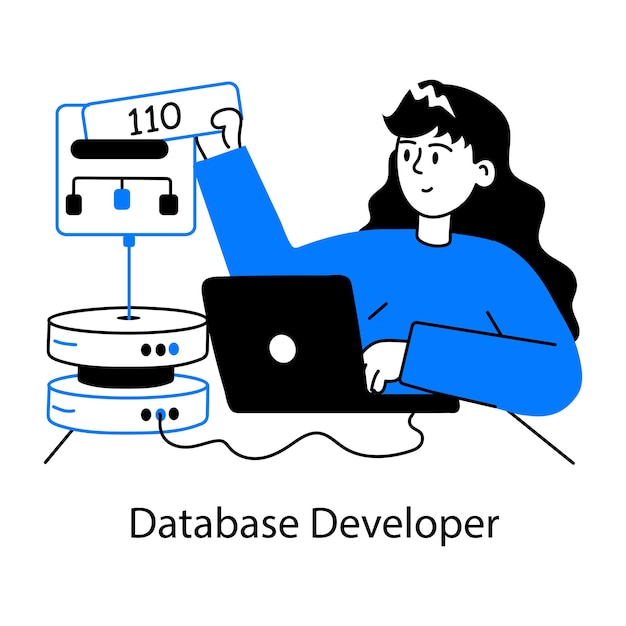 Agarre esta mini ilustración de garabateo del desarrollador de la base de datos
