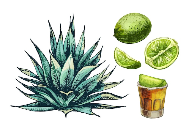 Vector agave azul de cactus y tequila de vidrio con rodaja de vector de lima ilustración en color de eclosión vintage