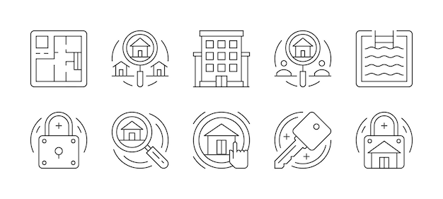 Agencia de bienes raíces búsqueda elección seguro casa plan de línea delgada arte iconos conjunto ilustración vectorial