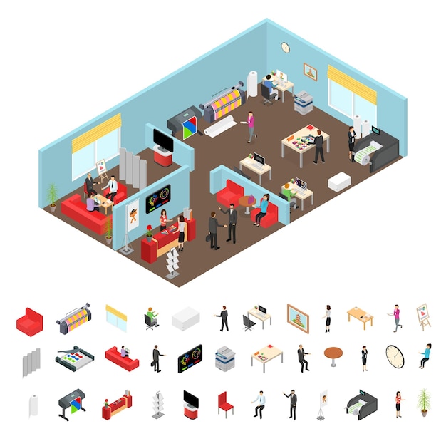 Agencia de creadores de medios Interior con muebles y elementos de personas Visión isométrica Desarrollo del concepto Ilustración vectorial de la escena de la oficina de negocios
