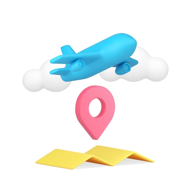 Agencia de reservas de viajes servicio de avión destino con pin de mapa ubicación GPS icono 3D vector realista