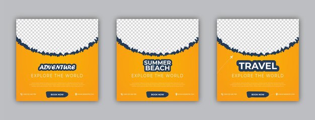 Agencia de viajes diseño de plantilla de publicación en redes sociales playa de verano aventura y viajes conjunto de banner