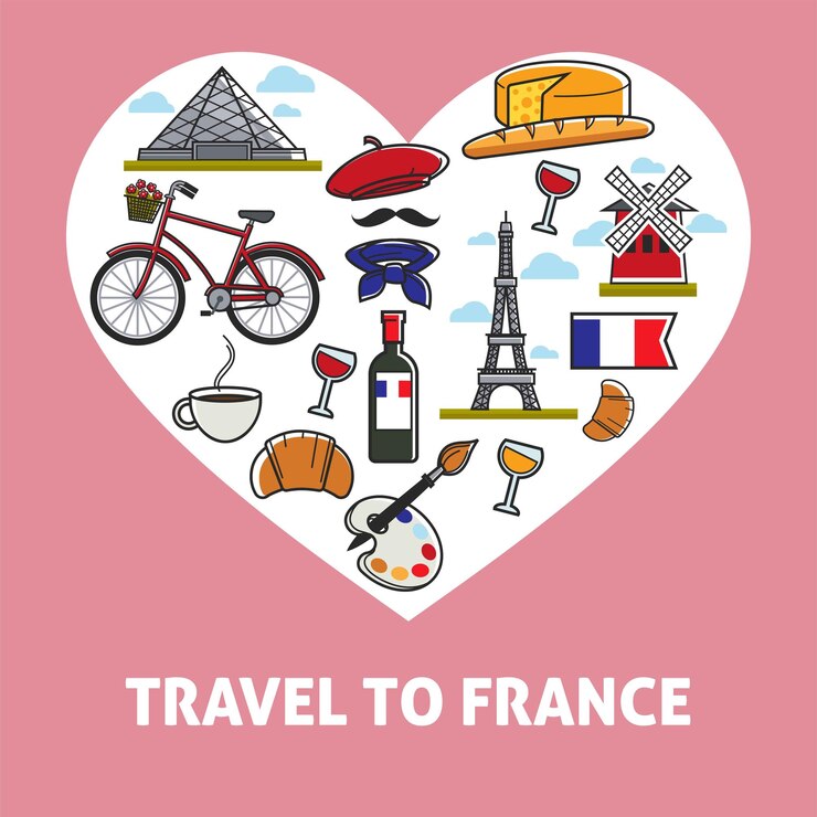 Vector agencia de viajes folletos cultura francesa y símbolos arquitectura y cocina vector
