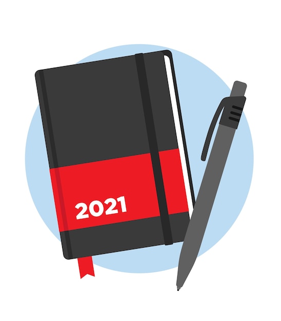 Vector agenda del año 2021 con bolígrafo