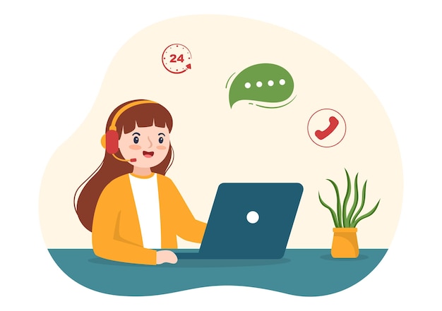 Agente de Call Center de Servicio al Cliente u Operador de Línea Directa con Ilustración de Auriculares y Computadoras