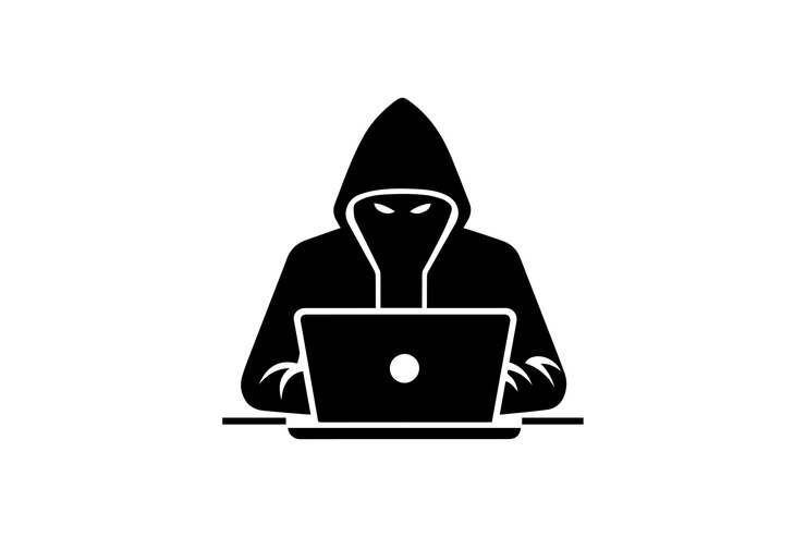 Vector agente espía buscando en una silueta de hacker portátil