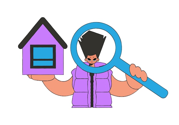 Agente inmobiliario masculino con una casa y una lupa Inversión en bienes raíces