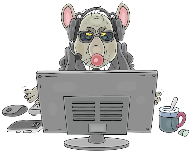 El agente de inteligencia secreta Rat con auriculares se sienta frente a un monitor de computadora espiando en línea
