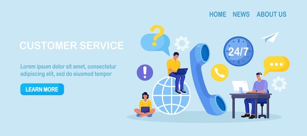Agente de servicio al cliente con auriculares Hablando con el cliente Soporte técnico global Asistencia Centro de llamadas Contáctenos Línea directa Satisfacción y lealtad Atención al cliente