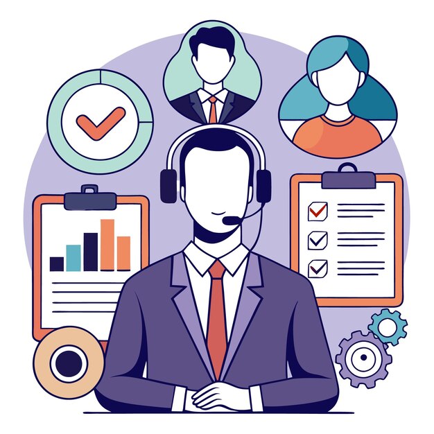 Agente de servicio al cliente con lista de comprobación de auriculares y gráficos