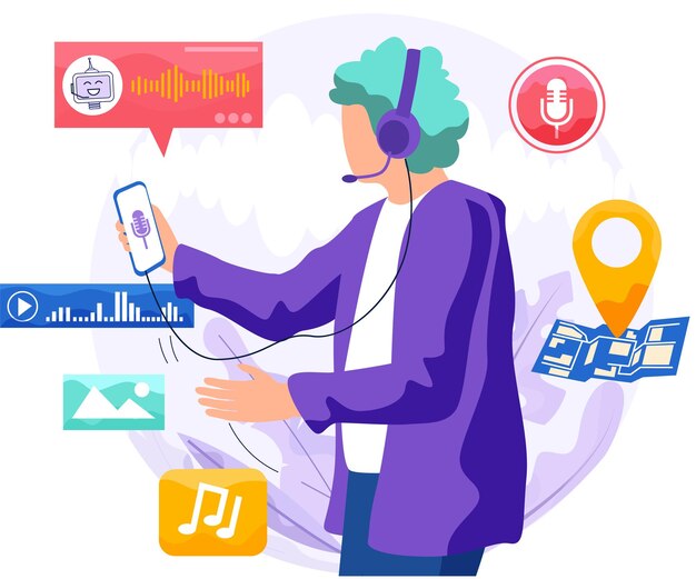 El agente de software de asistente de voz realiza tareas para el usuario. Reconocimiento de altavoz. Altavoz inteligente controlado por voto. Identificación de asistentes digitales activados por voz de hombre. Robot de sonido de asistente virtual.