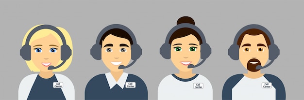 Agentes de call center. Asistentes de servicio de atención al cliente en línea. Avatares planos. ilustración.