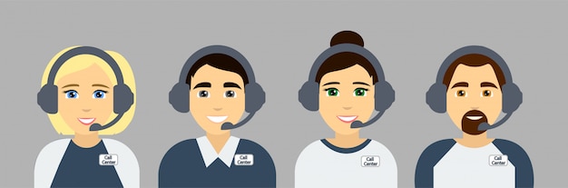 Agentes de call center. asistentes de servicio de atención al cliente en línea. avatares planos. ilustración.