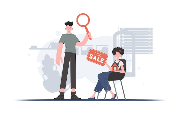 Vector agentes inmobiliarios de chicos y chicas concepto de compra de bienes raíces bueno para aplicaciones y presentaciones de sitios web vector de estilo plano de moda