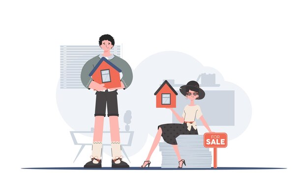 Agentes inmobiliarios de chicos y chicas El concepto de comprar una casa Bueno para sitios web aplicaciones y presentaciones estilo moderno Ilustración vectorial