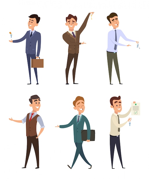 Agentes inmobiliarios que venden diferentes edificios. Conjunto de personajes de negocios