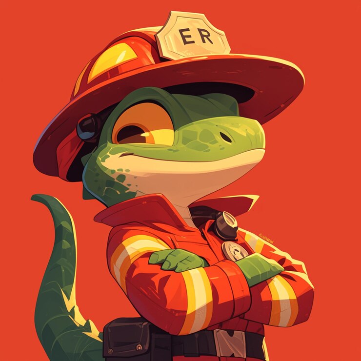 Vector un ágil lagarto bombero al estilo de los dibujos animados