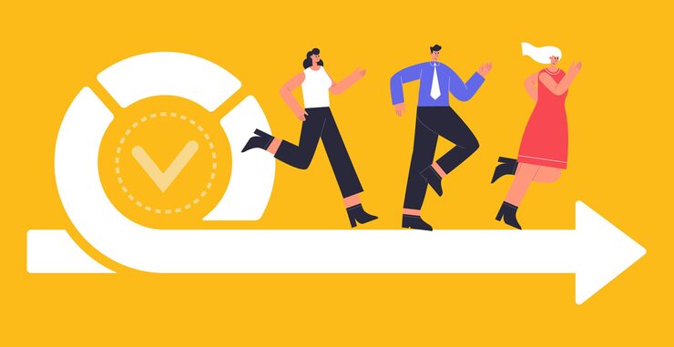 Agile development process with running IT developers team. Software development team and agile lifecycle process sprint vector illustration. Project management diagram