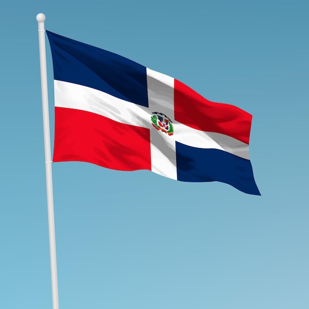 Vector agitando la bandera de la república dominicana en el asta de la bandera plantilla para el día de la independencia