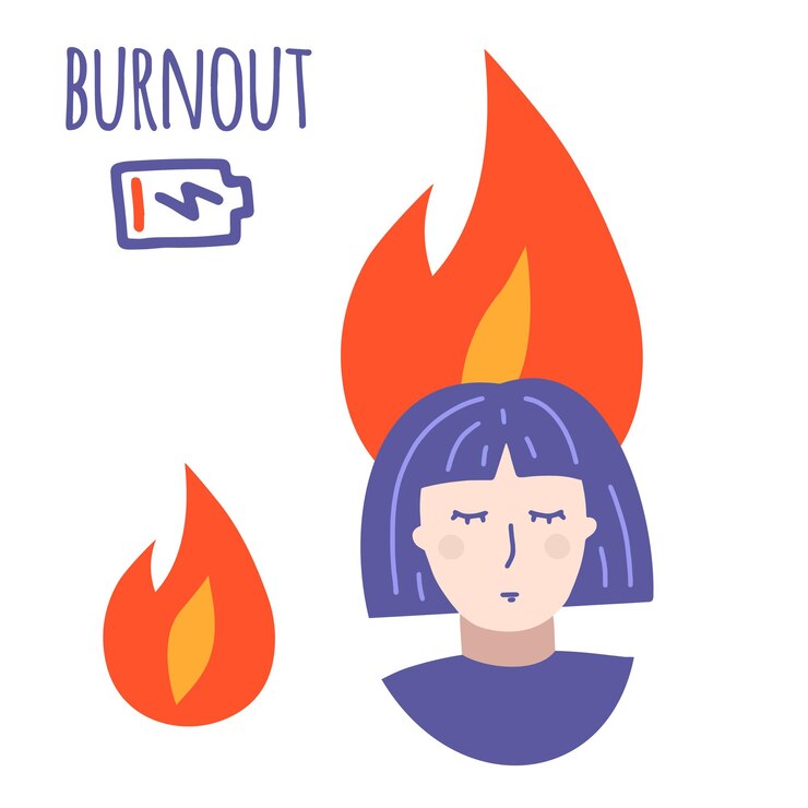 Vector agotamiento laboral síndrome de agotamiento profesional mujer cansada estresada problemas mentales trabajadora deprimida con batería de baja energía en el fuego ilustración de vector de dibujos animados plana