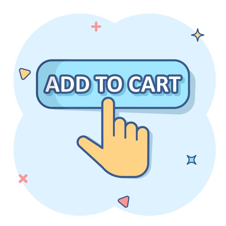 Vector agregar al carrito icono de la tienda en estilo cómico ilustración de dibujos animados vectoriales del cursor del dedo sobre fondo blanco aislado haga clic en el botón efecto de salpicadura del concepto de negocio