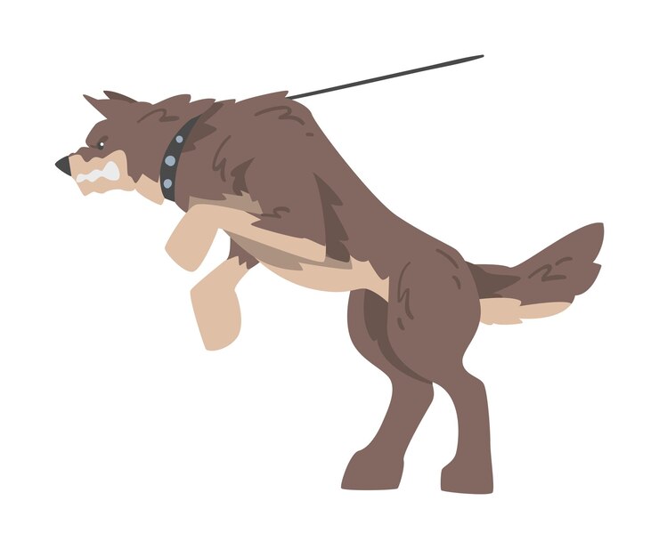 Vector agresivo perro marrón en correa ladrando y mostrando sus dientes ilustración vectorial