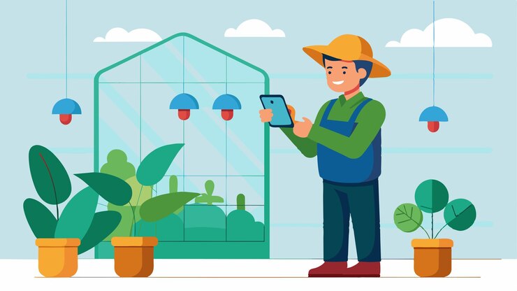 Vector un agricultor ajusta remotamente el control de la temperatura en su invernadero a través de una aplicación móvil que asegura