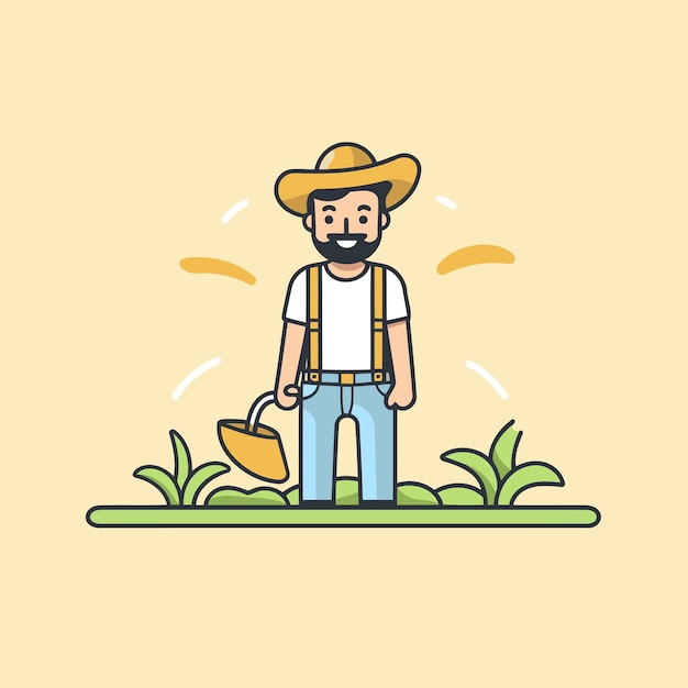 Agricultor con barba en un sombrero y mono Ilustración vectorial