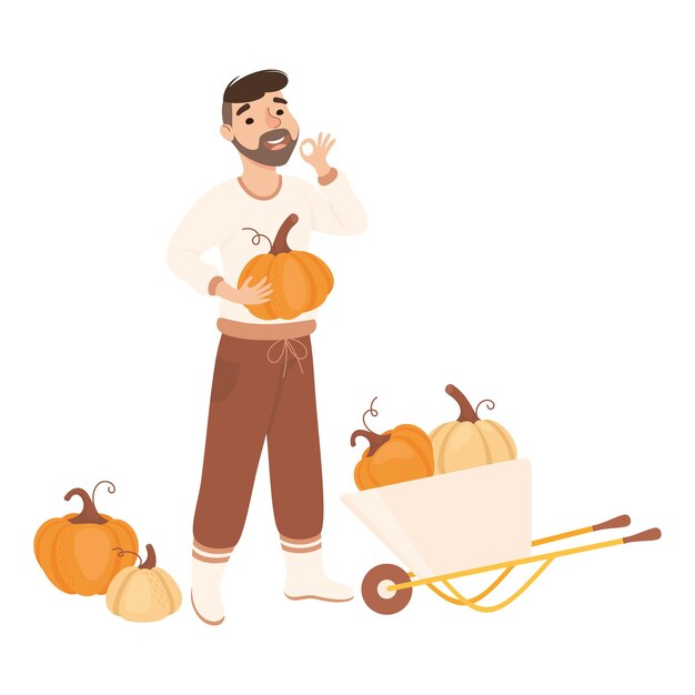 Agricultor barbudo o trabajador agrícola que sostiene una calabaza madura Ilustración del vector
