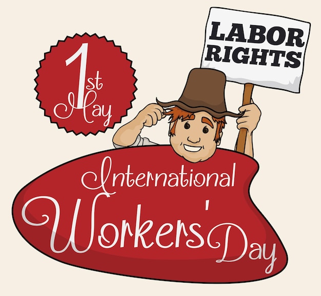 Agricultor en un cartel rojo promoviendo y recordando los derechos laborales para el Día Internacional de los Trabajadores