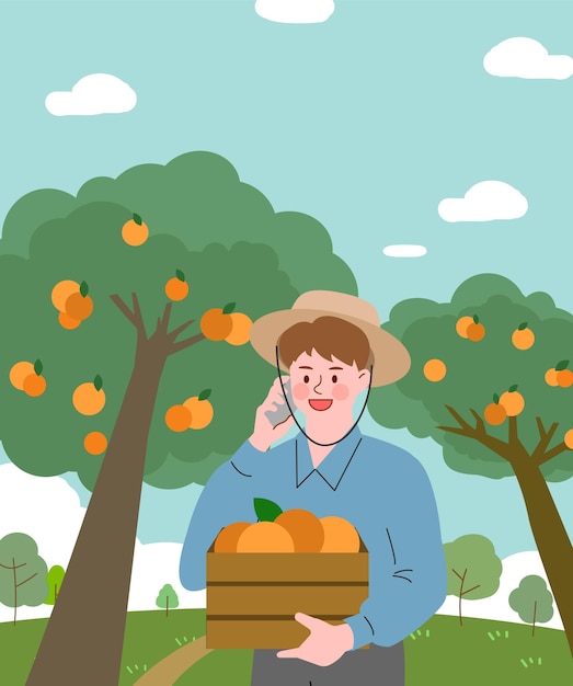 Agricultor cosechando naranjas en un huerto mientras está al teléfono