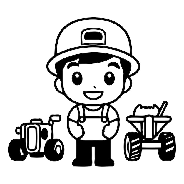 Agricultor de dibujos animados con tractor y carretilla Ilustración vectorial