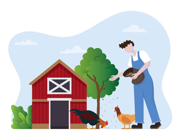 Agricultor feed chicken icon agricultura granja trabajador alimentando pollo gallina gallo en poultry ranch ilustración