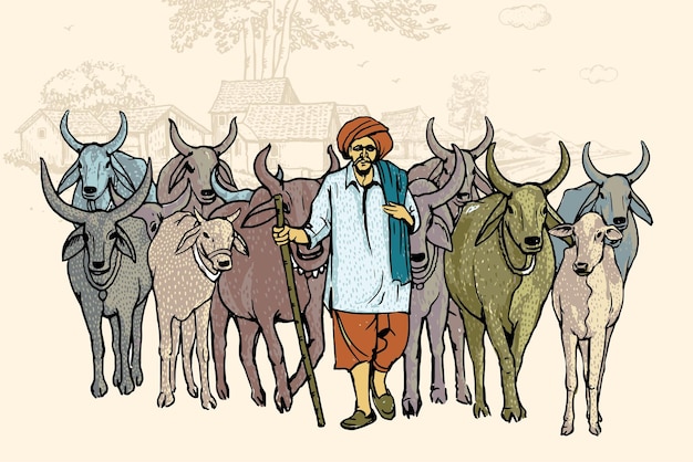 Agricultor indio, lechero con vaca india frente a la ilustración vectorial de la casa rural.