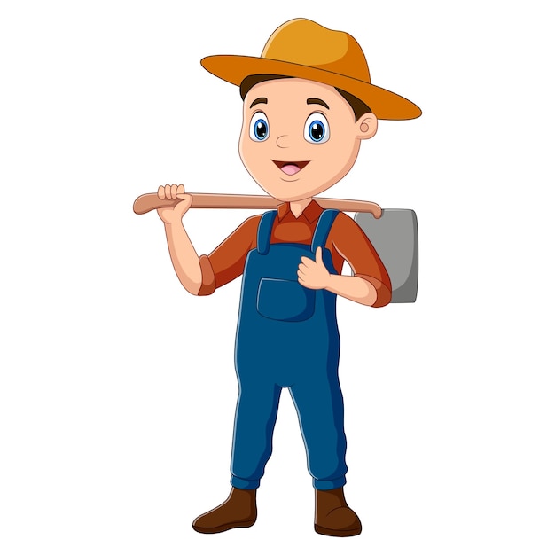Agricultor llevando una azada para trabajar en las tierras de cultivo