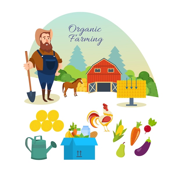 Vector agricultor orgánico puro natural alimentos agricultura ambiente limpio trabajo manual