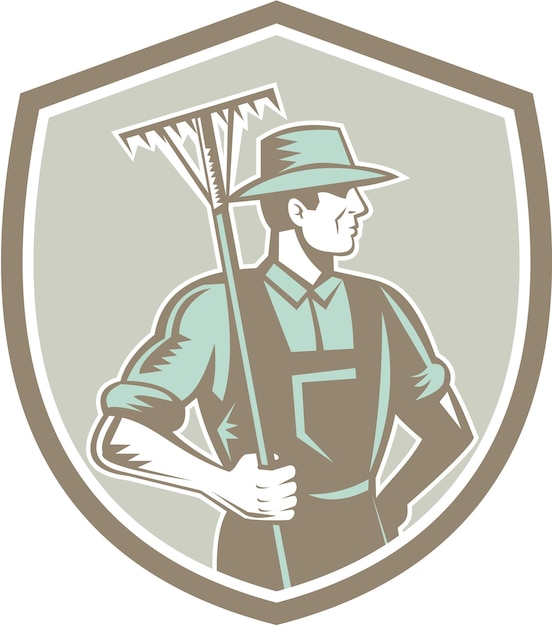 Agricultor orgánico Rastrillo Escudo Xilografía Retro