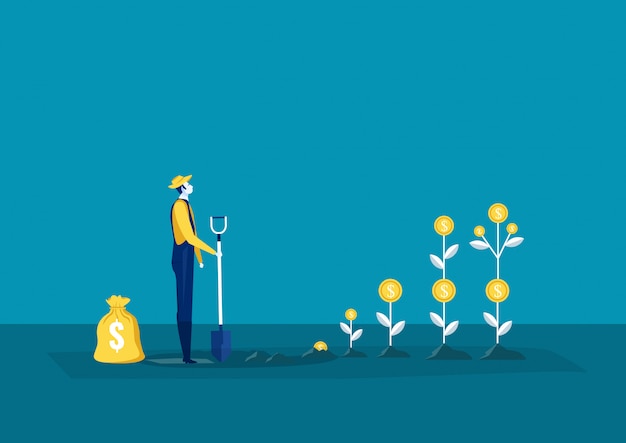 Agricultor plantando un árbol de dinero y recogiendo dólares