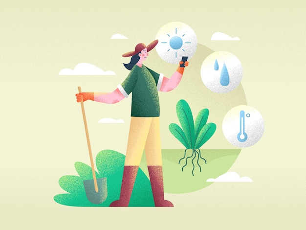 Vector agricultor revisando el clima en su teléfono ilustración vectorial plana para la ecología