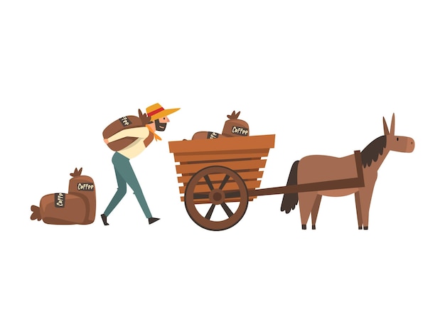 Agricultor con sombrero de paja cargando bolsas de café en el carro del burro Ilustración vectorial de la etapa de producción de la industria del café en fondo blanco