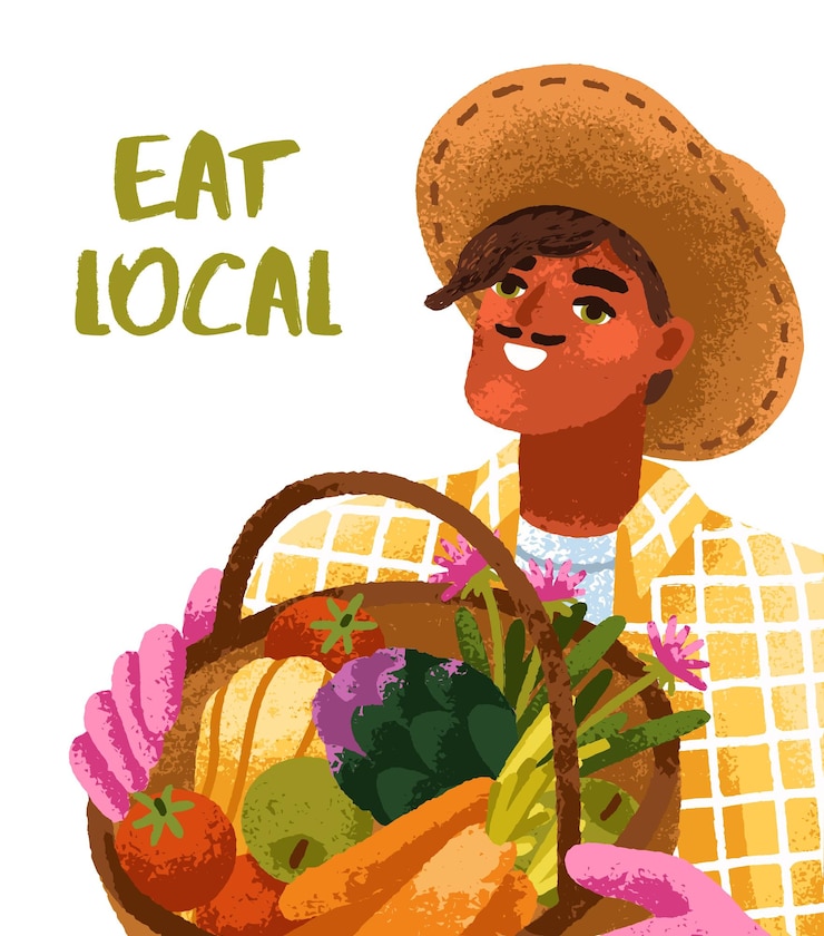 Vector agricultor sosteniendo una canasta con verduras de granja orgánica natural cosechada hombre feliz con sombrero con productos agrícolas locales frutas frescas de temporada en las manos diseño de fondo de tarjeta ilustración vectorial plana
