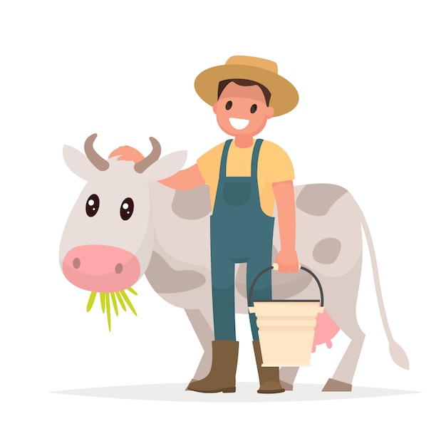 Agricultor y vaca. Agricultura, ilustración en estilo plano