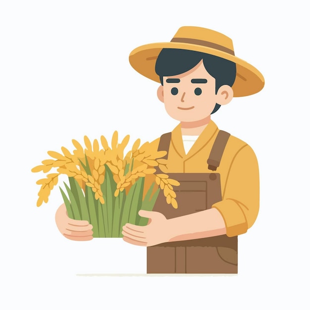 Agricultor vector hombre que lleva la cosecha de arroz