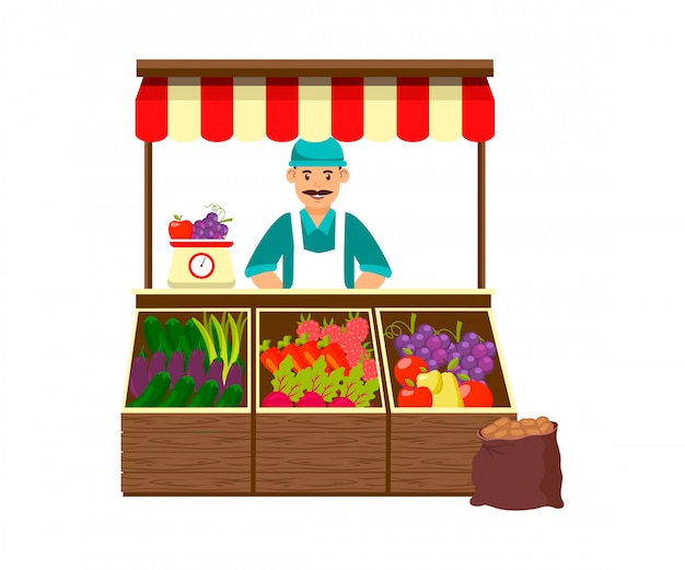 Agricultor vendiendo frutas y verduras ilustración