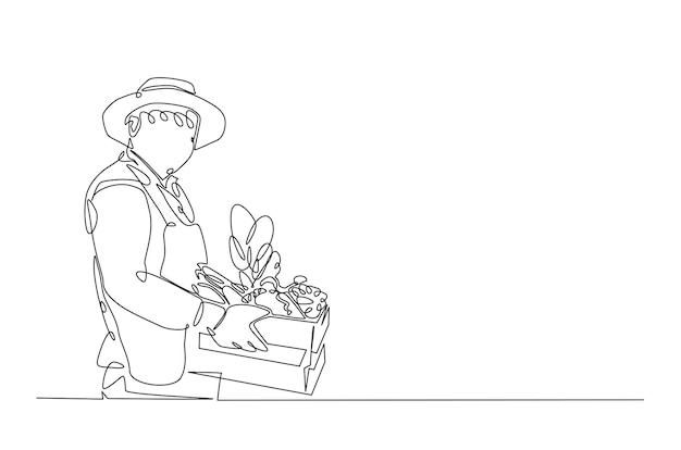 Agricultor con verduras dibujando una línea continua