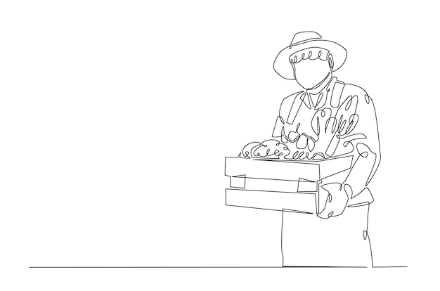 Agricultor con verduras dibujando una línea continua